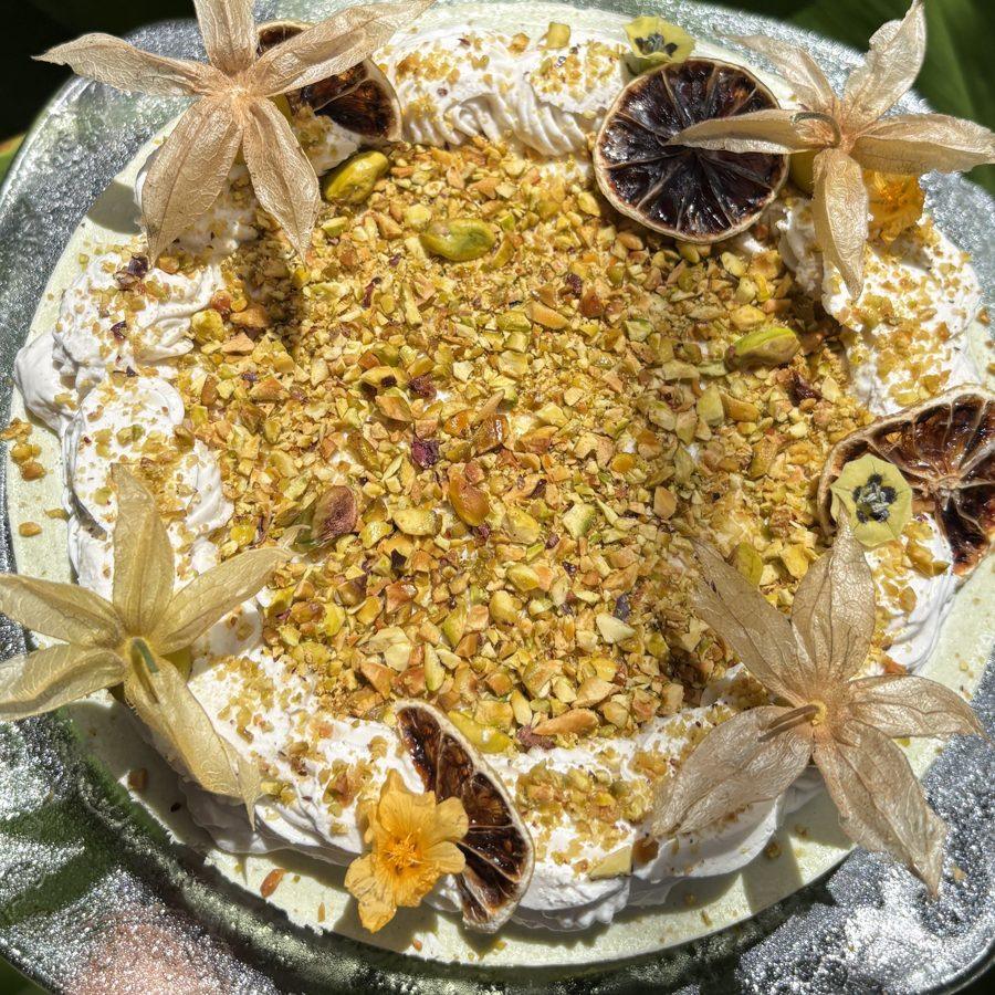 Pistachio cake with dried lime and physalis flowers